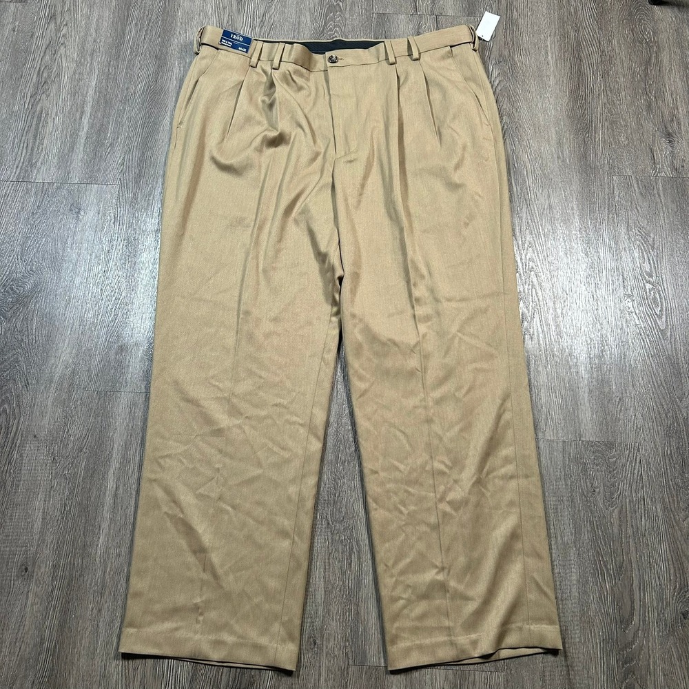 IZOD Dress Pants 44x32 Khaki Ultimate Travel Big Tall Non-Iron Double Pleat New